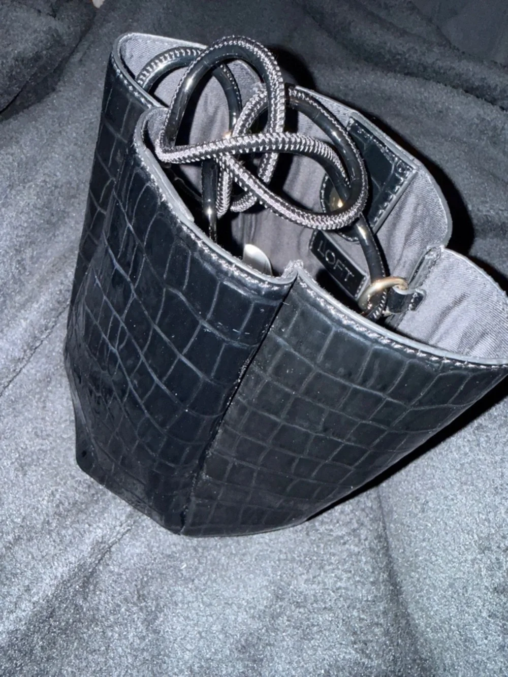 LOFT Black Croc-Embossed Mini Tote with Top Handles Black